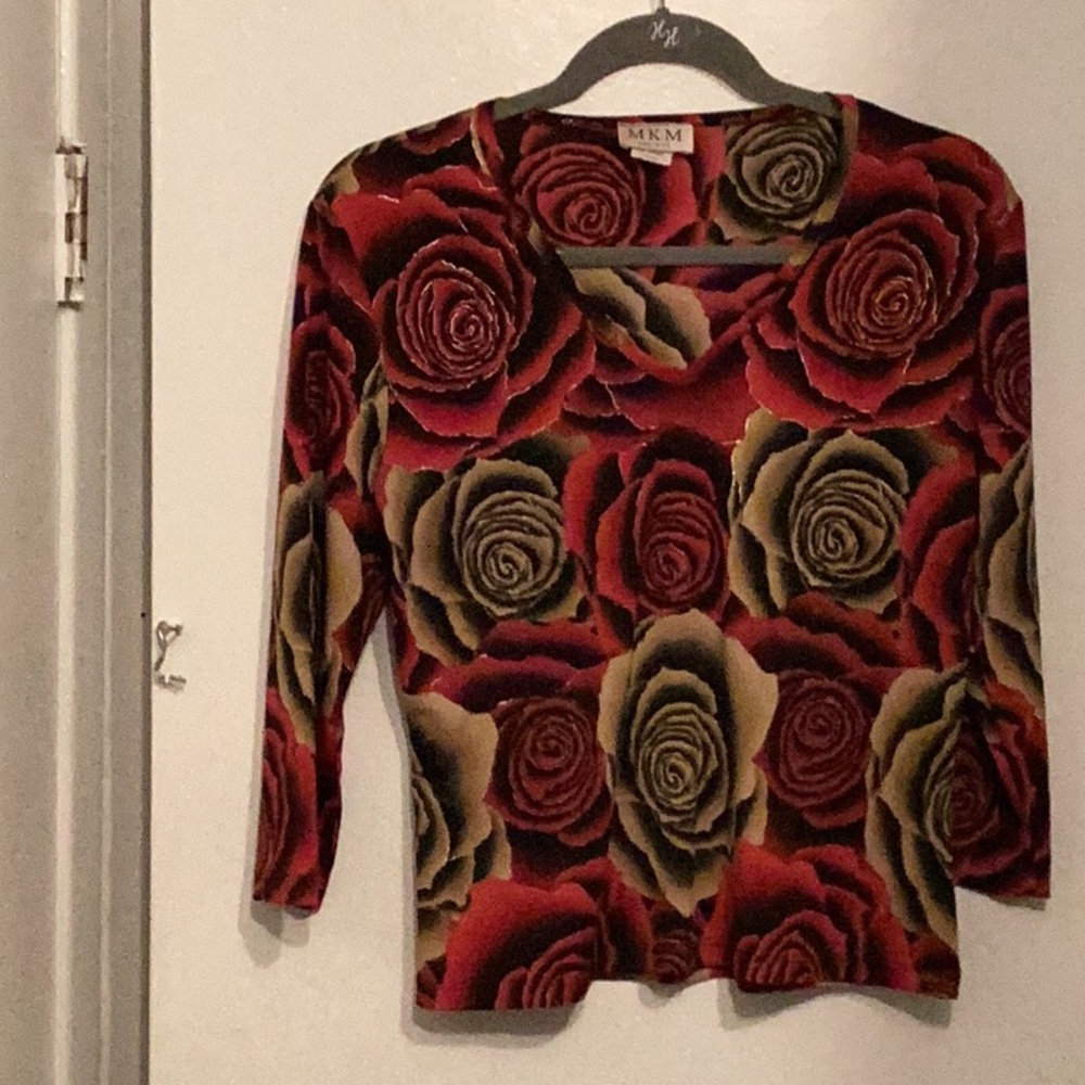 MKM Designs Red and Cream Rose Blouse